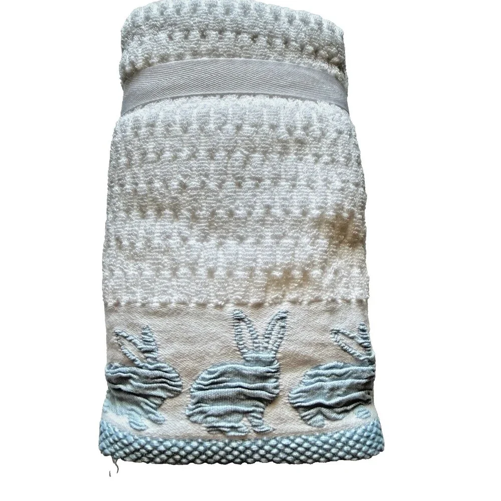 Casaba Hand Towels Easter Baby Appliqued Embroidered White Blue Bunnies Set of 2